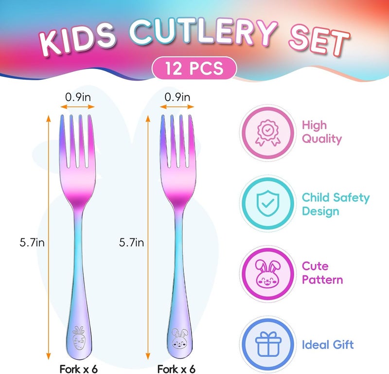 ITITT 12 Pieces Stainless Steel Rainbow Toddler Forks Set Kids Forks - Food Grade Kids Silverware Set Children Safe Small Forks Mirror Polished Sturdy and Durable Dishwasher Safe - Image 2